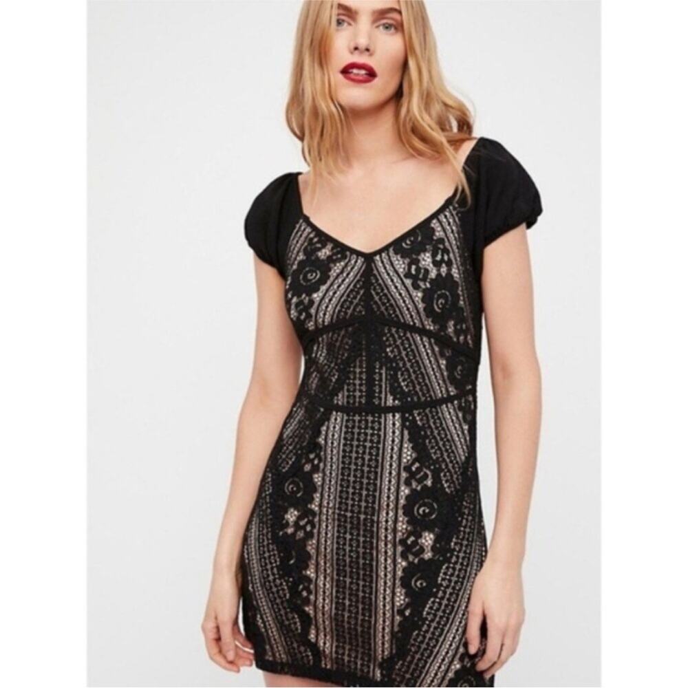 Free People Linear Lace black nude lace overlay open‎ back dress size 2